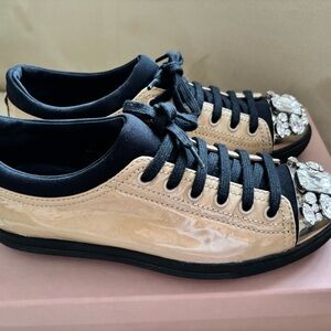 Miu Miu Beige and Black Sneakers with Crystal Accents